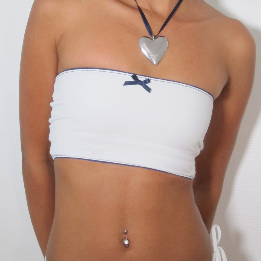 CLEO Bikini top : White Lycra & Navy Touch